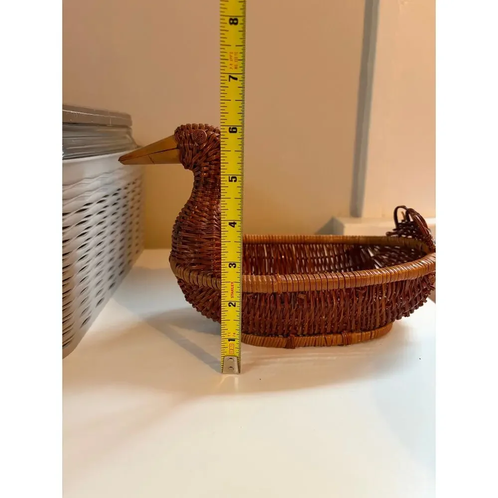 Vintage Wicker Duck Basket w 2 Handmade Liners & Bonnets Country Cottage Decor